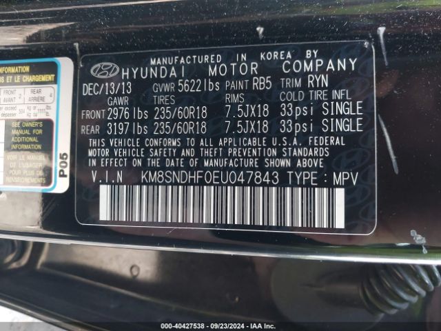 KM8SNDHF0EU047843 Hyundai Santa Fe Limited