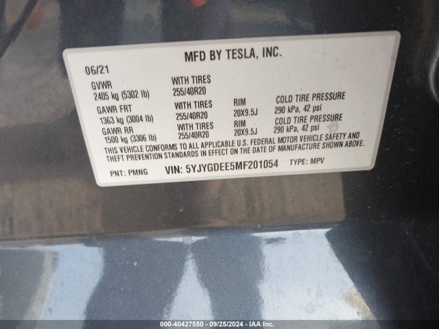2021 TESLA MODEL Y 5YJYGDEE5MF201054 Photo 8