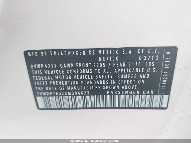 Продажа на аукционе авто 2012 Volkswagen Jetta 2.5l Se, vin: 3VWDP7AJ2CM396623, номер лота: 40427603