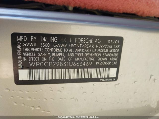 2001 PORSCHE BOXSTER WP0CB29831U663469 Photo 8