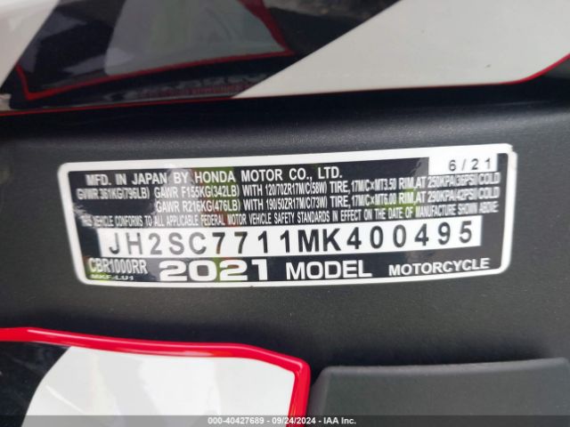 2021 HONDA CBR1000 JH2SC7711MK400495 Photo 9
