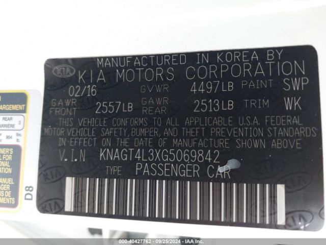 KNAGT4L3XG5069842 KIA Optima Lx