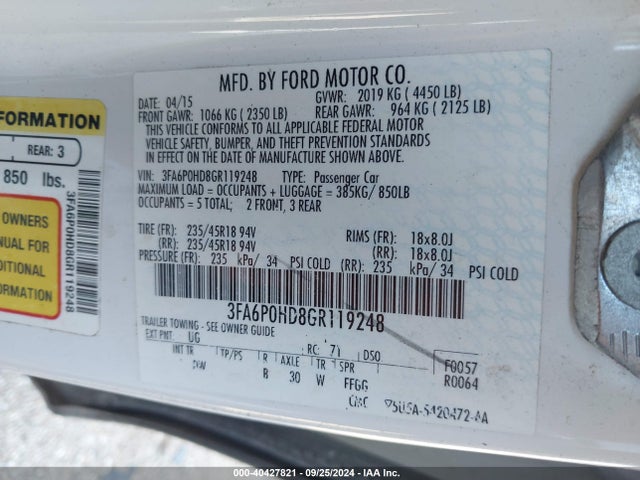 Ford FUSION SE 2016 3FA6P0HD8GR119248 Image 9