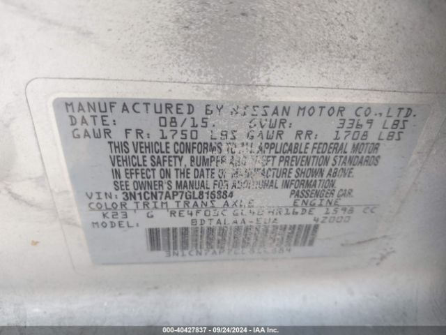 3N1CN7AP7GL816884 Nissan Versa 1.6 S