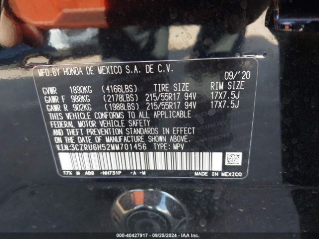 3CZRU6H52MM701456 Honda Hr-v Awd Ex