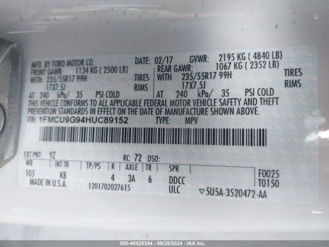 1FMCU9G94HUC89152 Ford ESCAPE SE