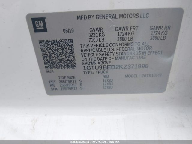 1GTU9BED2KZ371996 GMC Sierra 1500 Sle