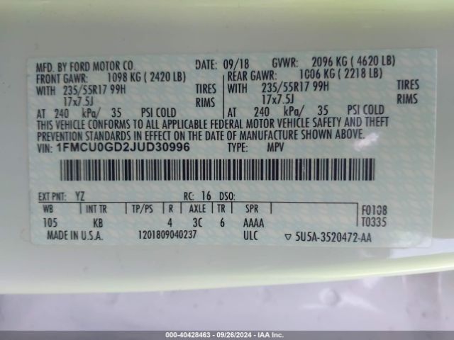 1FMCU0GD2JUD30996 Ford ESCAPE SE