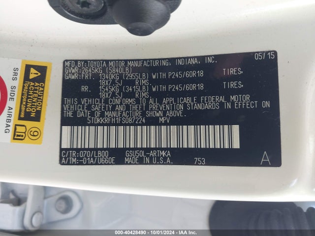 Toyota Highlander Xle V6 2015 5TDKKRFH1FS087224 Image 9