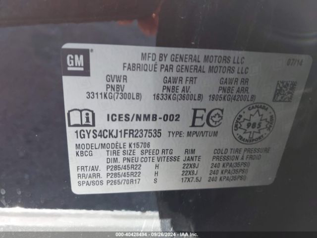1GYS4CKJ1FR237535 Cadillac Escalade Premium