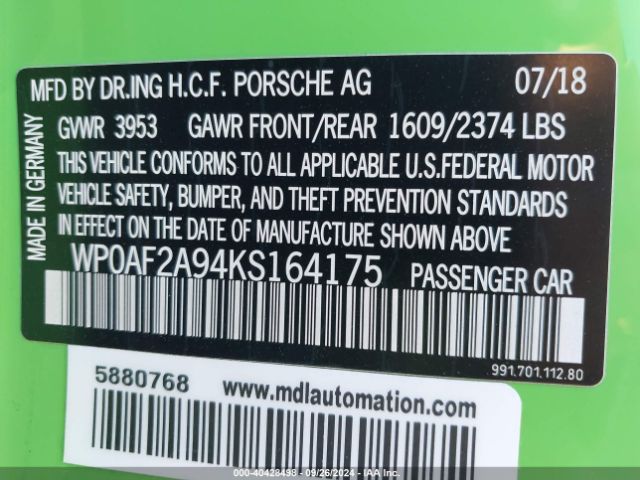 WP0AF2A94KS164175 Porsche 911 Gt3 Rs