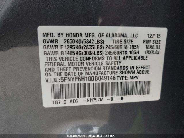 5FNYF6H10GB049146 Honda PILOT LX