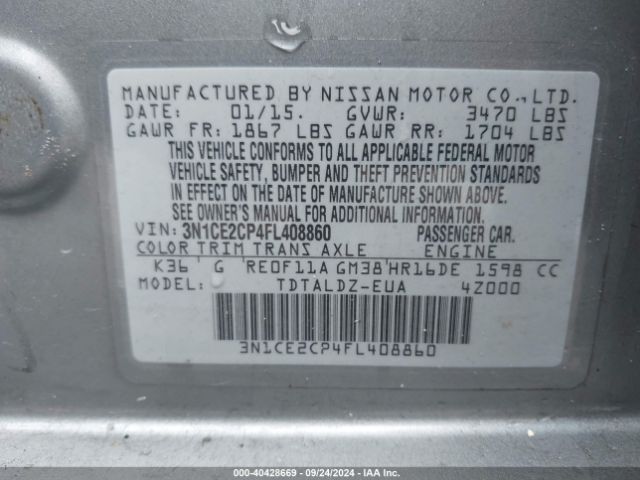 3N1CE2CP4FL408860 Nissan Versa Note S (sr)/s Plus/sl/sr/sv