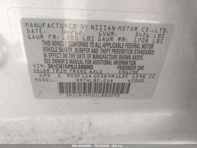 Nissan Versa 1.6 Sv 2018 3N1CN7AP0JL880093 Image 9
