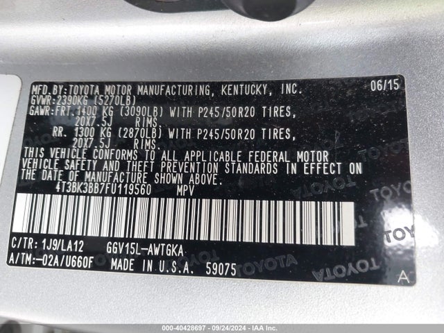 Toyota Venza Xle V6 2015 4T3BK3BB7FU119560 Image 9