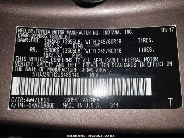Toyota Highlander Xle 2018 5TDJZRFH2JS485140 Image 9