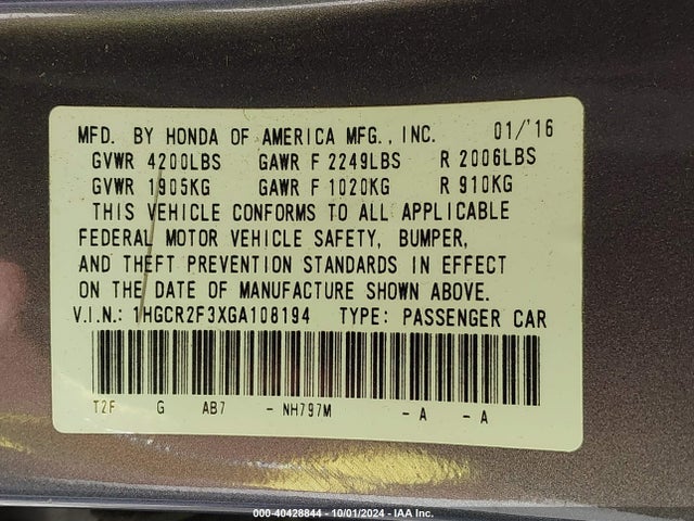 Honda ACCORD LX 2016 1HGCR2F3XGA108194 Image 9