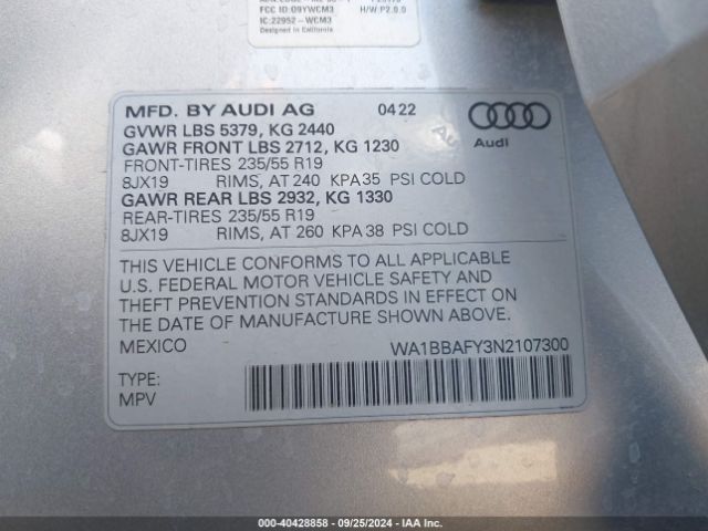 WA1BBAFY3N2107300 Audi Q5 Premium Plus 40 Tfsi Quattro S Tronic