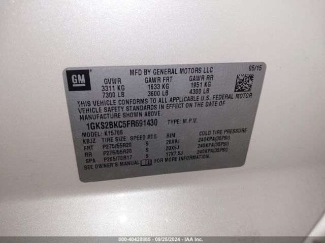1GKS2BKC5FR691430 GMC YUKON SLT
