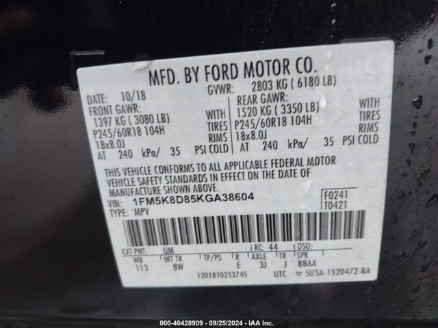 Ford EXPLORER XLT 2019 1FM5K8D85KGA38604 Image 9