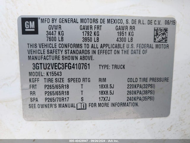 3GTU2VEC3FG410761 GMC Sierra 1500 Slt