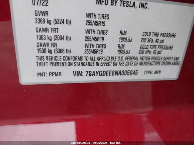 2022 TESLA MODEL Y 7SAYGDEE8NA005045 Photo 8