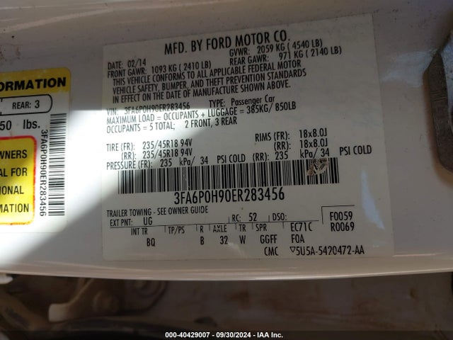 Ford FUSION SE 2014 3FA6P0H90ER283456 Image 9