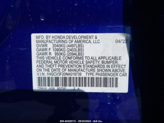 1HGCV3F20NA019739 Honda Accord Hybrid Sport
