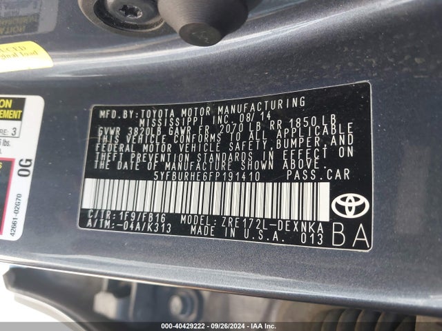 Toyota COROLLA LE 2015 5YFBURHE6FP191410 Image 9