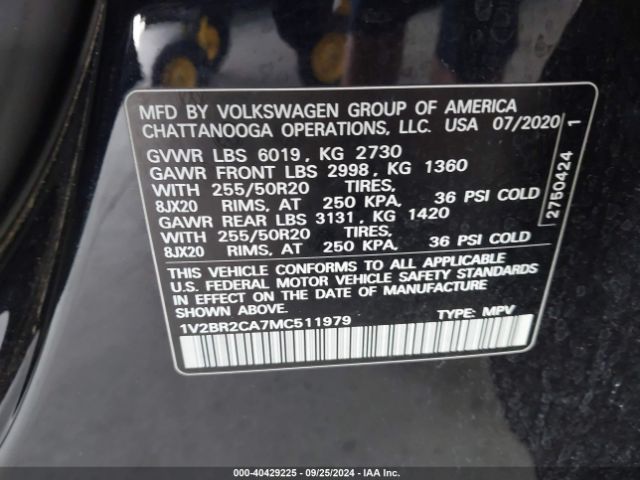 1V2BR2CA7MC511979 Volkswagen Atlas 3.6l V6 Sel