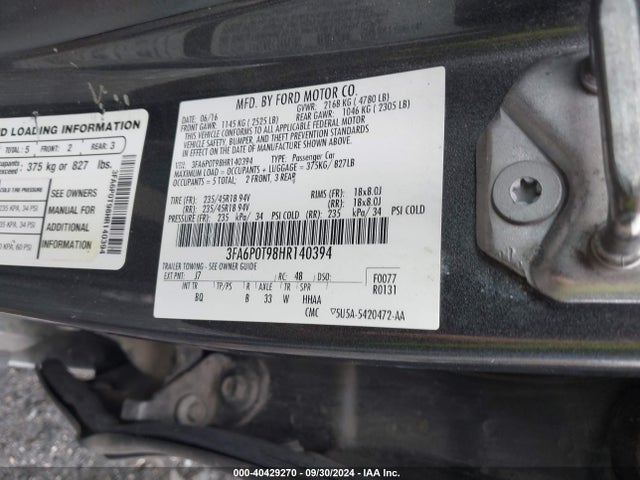 Ford FUSION SE 2017 3FA6P0T98HR140394 Image 9