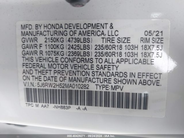 5J6RW2H52MA010282 Honda Cr-v Awd Ex