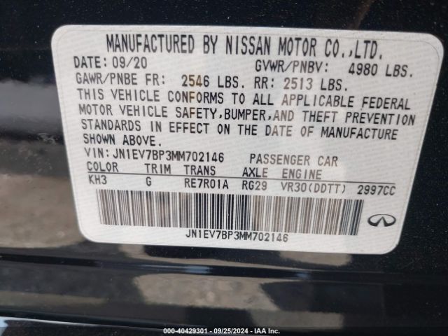 JN1EV7BP3MM702146 Infiniti Q50 LUXE