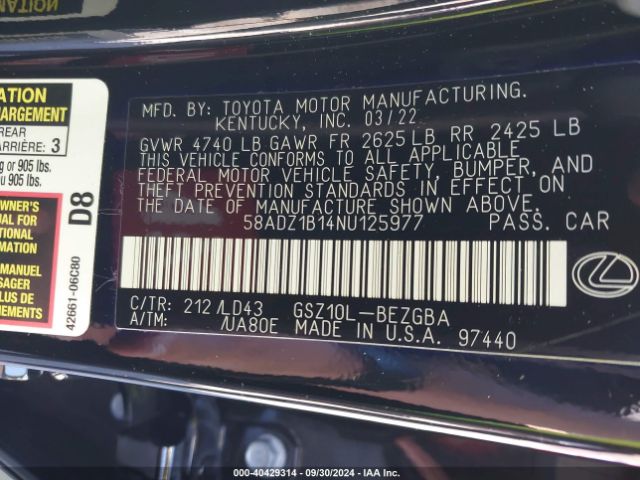 58ADZ1B14NU125977 Lexus ES 350