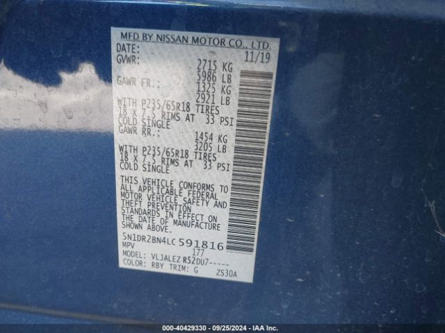 5N1DR2BN4LC591816 Nissan Pathfinder Sv 2wd