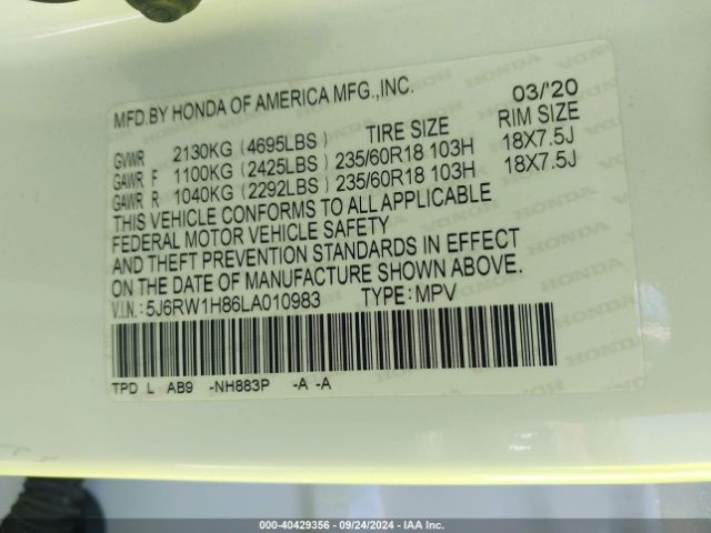 5J6RW1H86LA010983 Honda Cr-v 2wd Ex-l