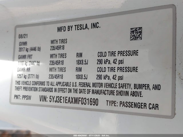 2021 TESLA MODEL 3 5YJ3E1EAXMF031690 Photo 8