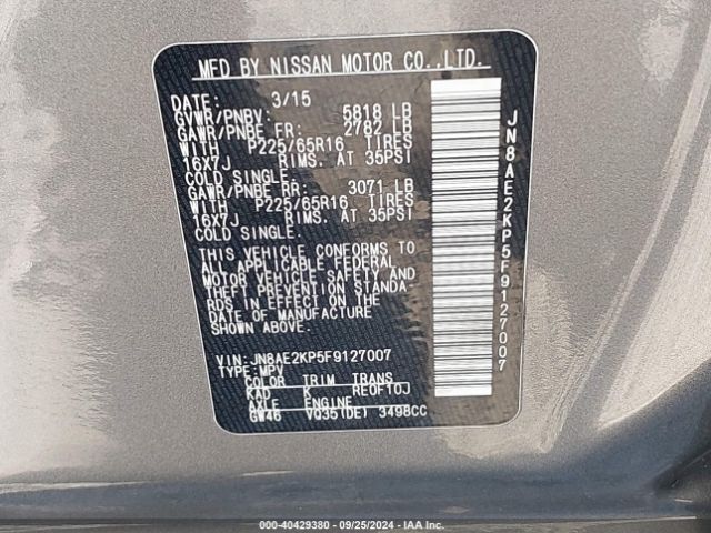 JN8AE2KP5F9127007 Nissan Quest Platinum/s/sl/sv