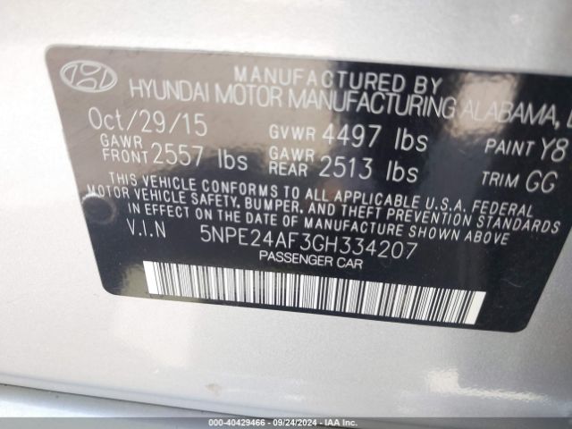 5NPE24AF3GH334207 Hyundai SONATA SE