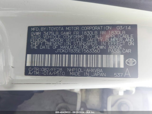 Toyota Prius C Two 2014 JTDKDTB35E1563360 Image 9
