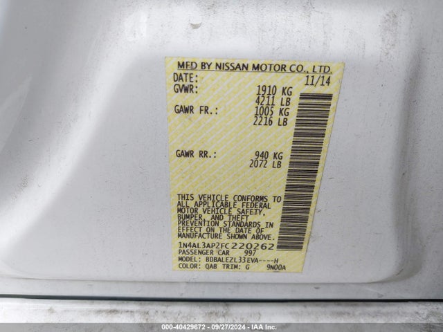 Nissan Altima 2.5 S 2015 1N4AL3AP2FC220262 Image 9