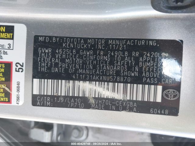 4T1F31AKXNU578870 Toyota Camry Xle Hybrid
