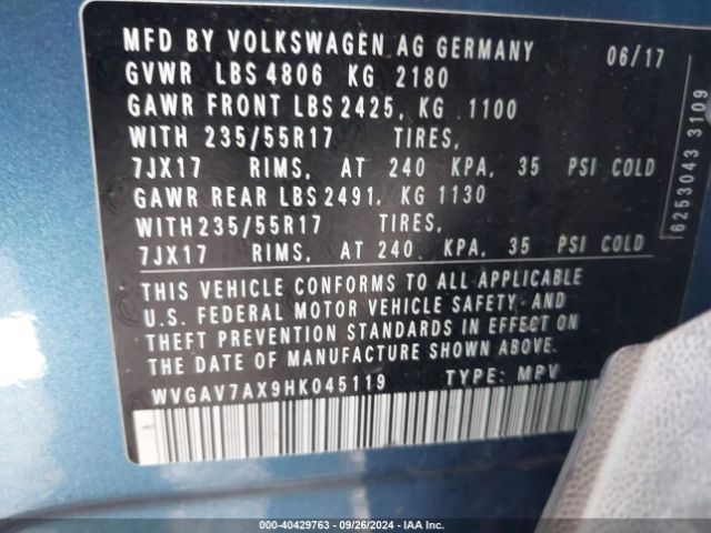 WVGAV7AX9HK045119 Volkswagen Tiguan 2.0t/2.0t S