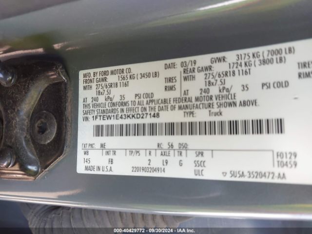 1FTEW1E43KKD27148 Ford F-150 Xlt