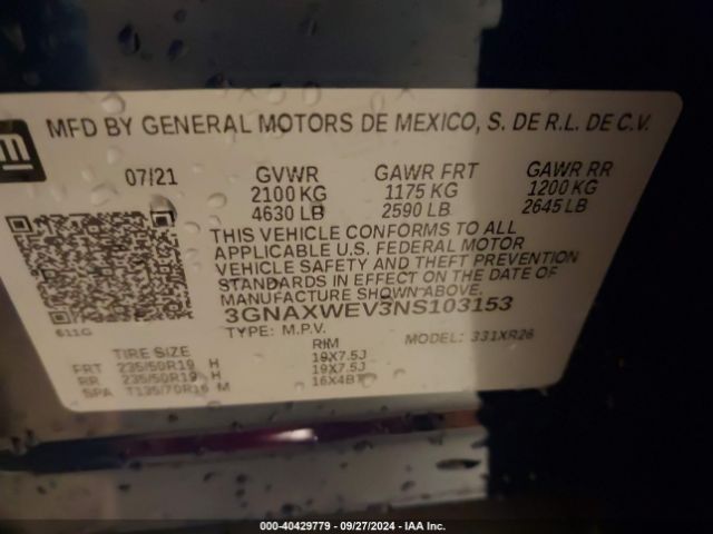 3GNAXWEV3NS103153 Chevrolet Equinox Awd Rs