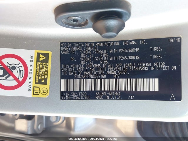 Toyota Highlander Le 2016 5TDZARFH2GS022160 Image 9