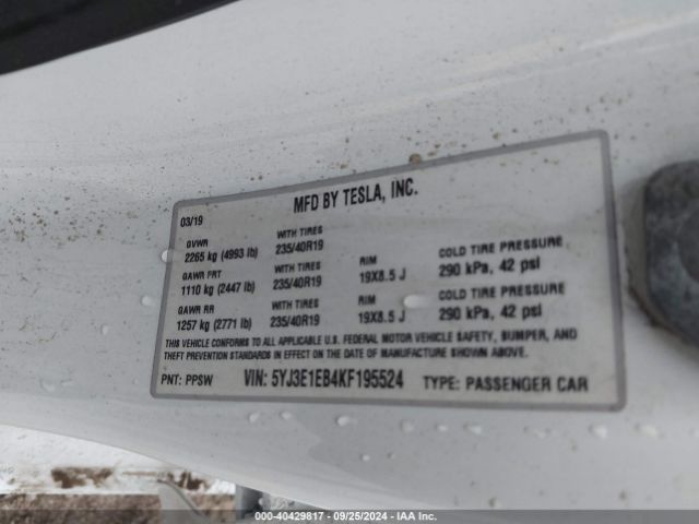 5YJ3E1EB4KF195524 Tesla Model 3 Long Range/performance