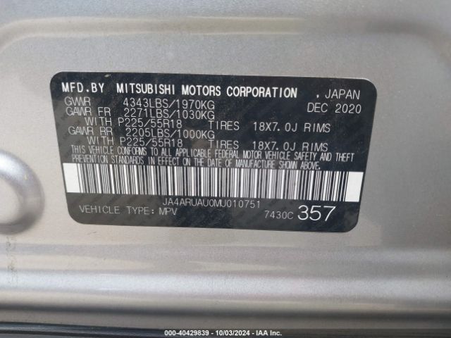 JA4ARUAU0MU010751 Mitsubishi Outlander Sport 2.0 Be Awc/2.0 Es Awc/2.0 Le Awc/2.0 Se Awc