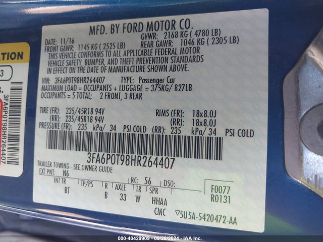 Ford FUSION SE 2017 3FA6P0T98HR264407 Image 9