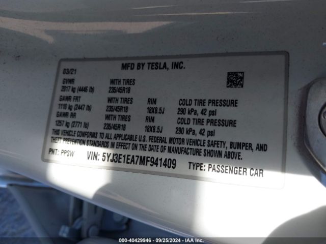 5YJ3E1EA7MF941409 Tesla Model 3 Standard Range Plus Rear-wheel Drive